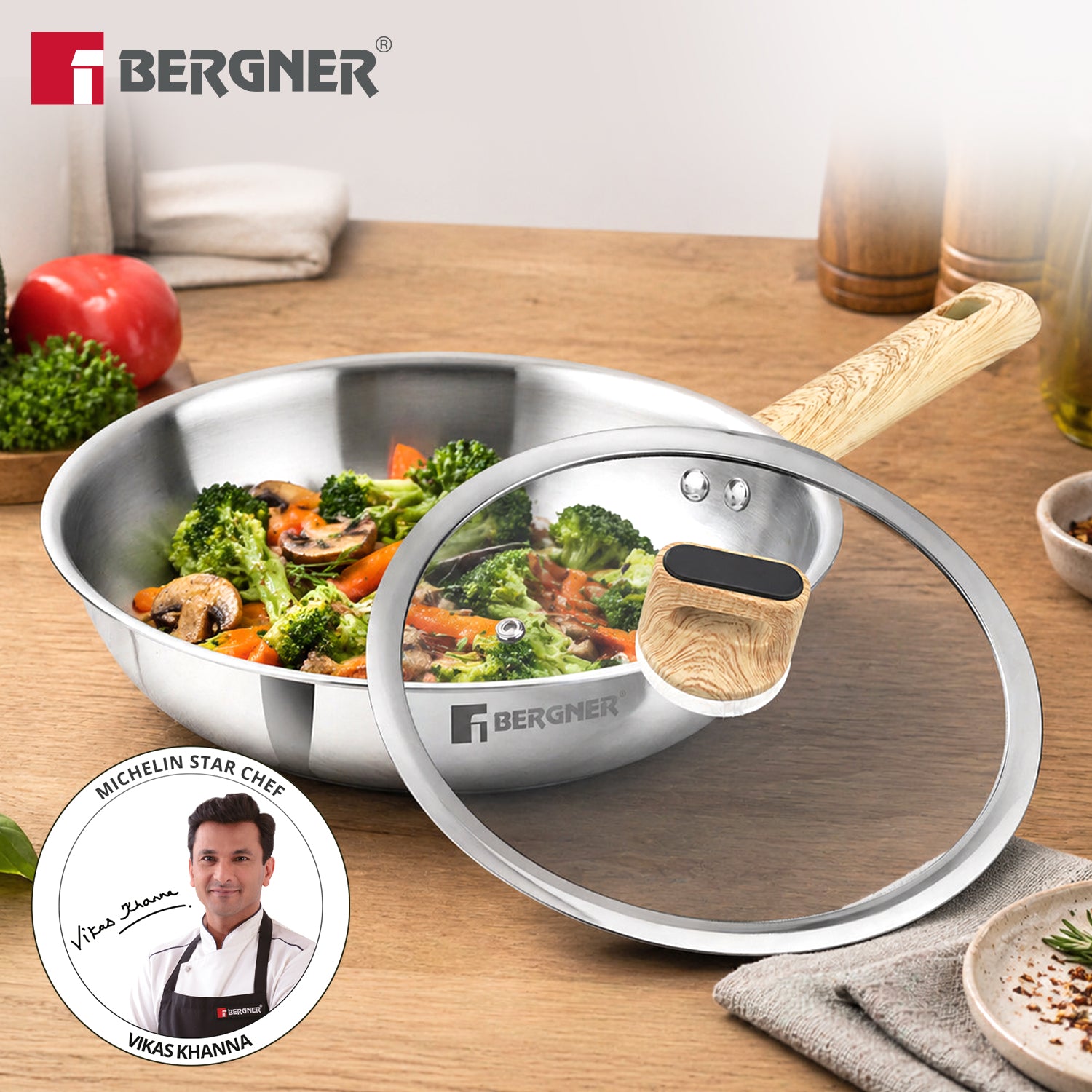 Tri-Oak Triply Stainless Steel Frypan with Glass Lid 24cm