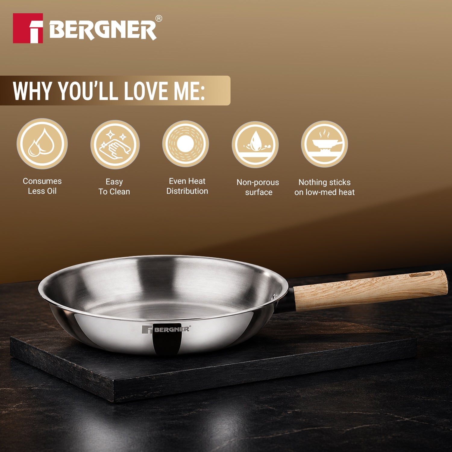Tri-Oak Triply Stainless Steel Frypan with Glass Lid 24cm