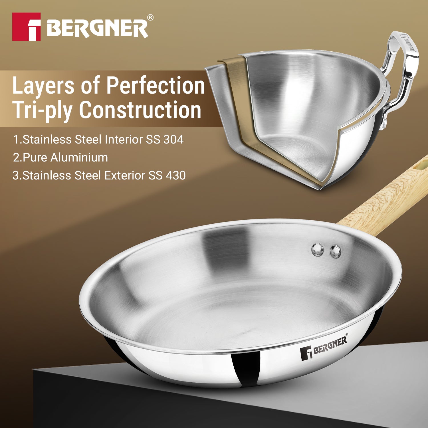 Tri-Oak Triply Stainless Steel Frypan with Lid 26cm