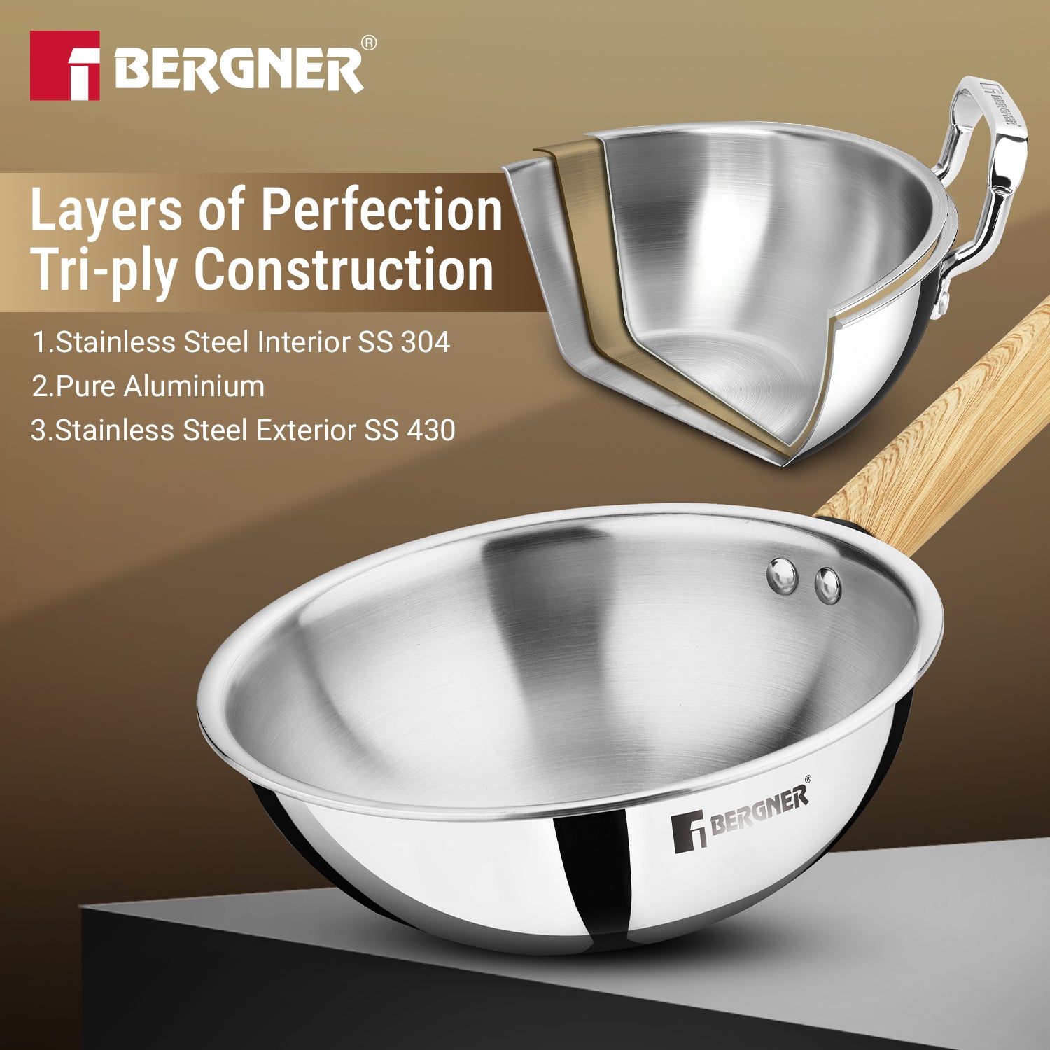 Tri-Oak Triply Stainless Steel Wok with Glass Lid 20cm (1.5L)