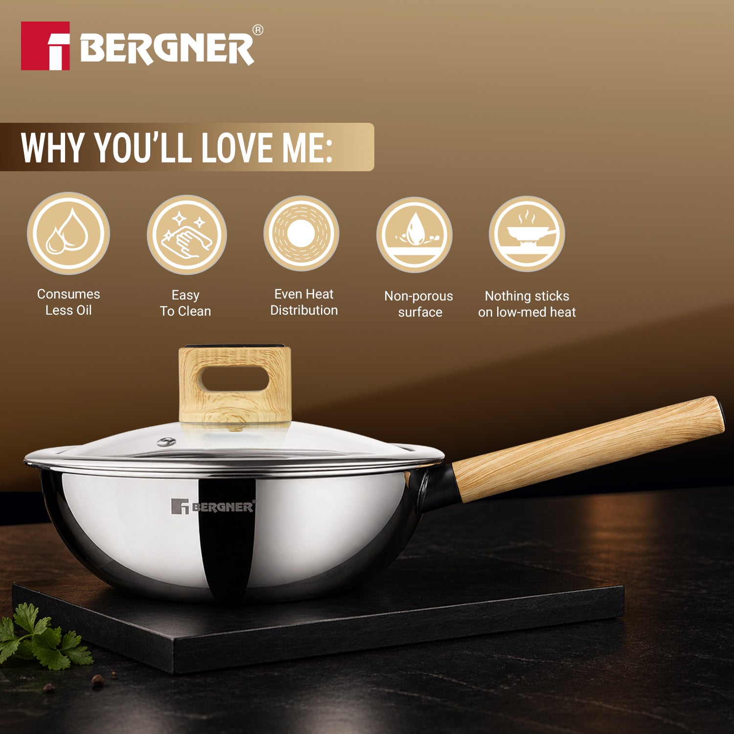 Tri-Oak Triply Stainless Steel Wok with Glass Lid 20cm (1.5L)