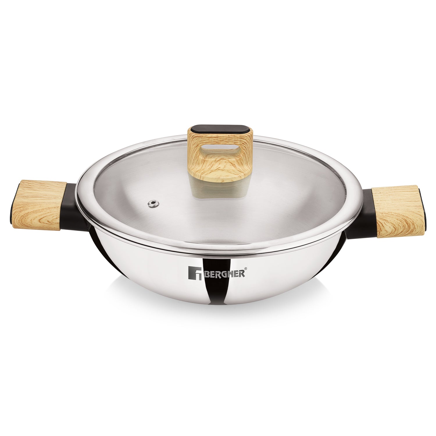 Tri-Oak Triply Stainless Steel Kadai with Glass Lid 22cm (1.7L)
