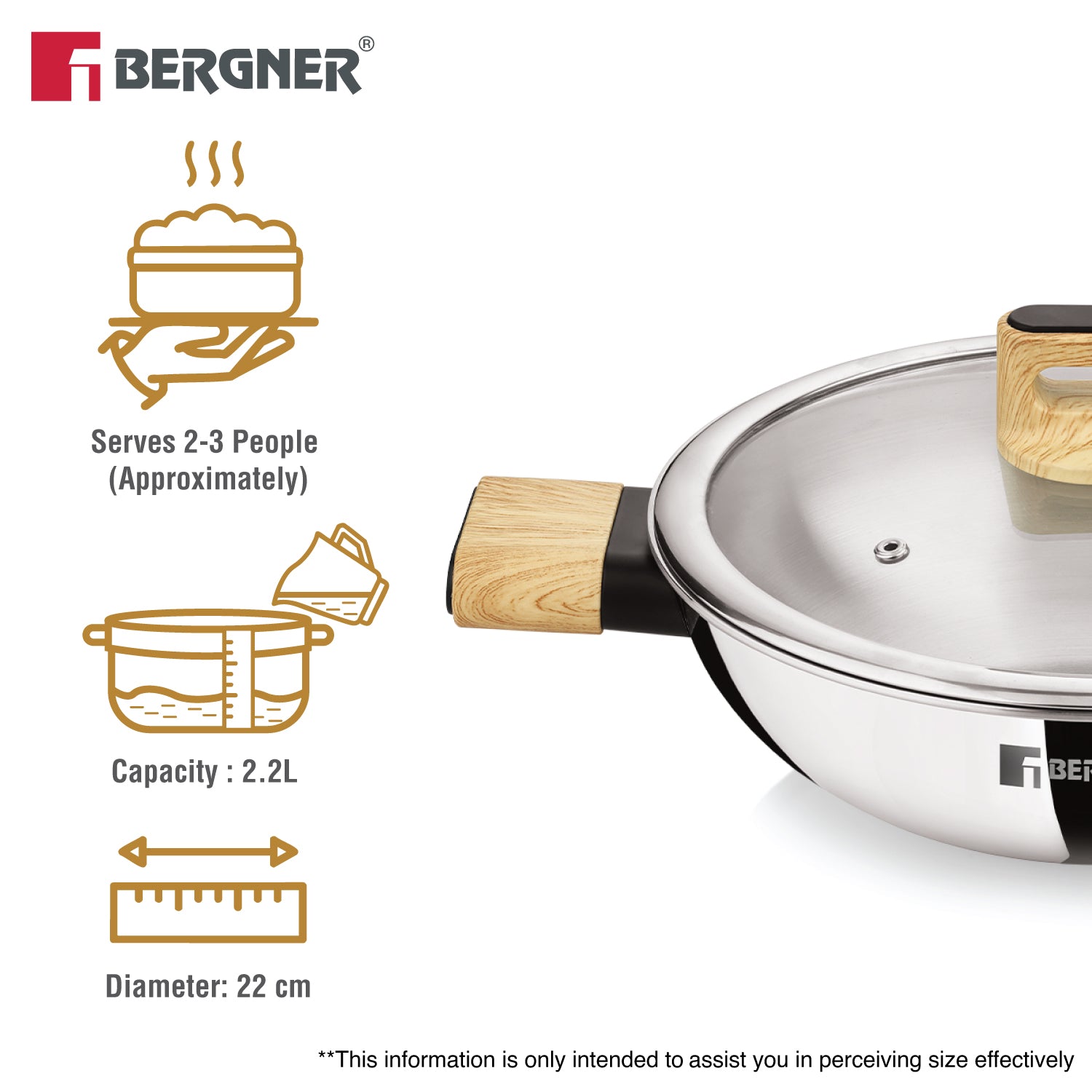 Tri-Oak Triply Stainless Steel Kadai with Glass Lid 22cm (1.7L)