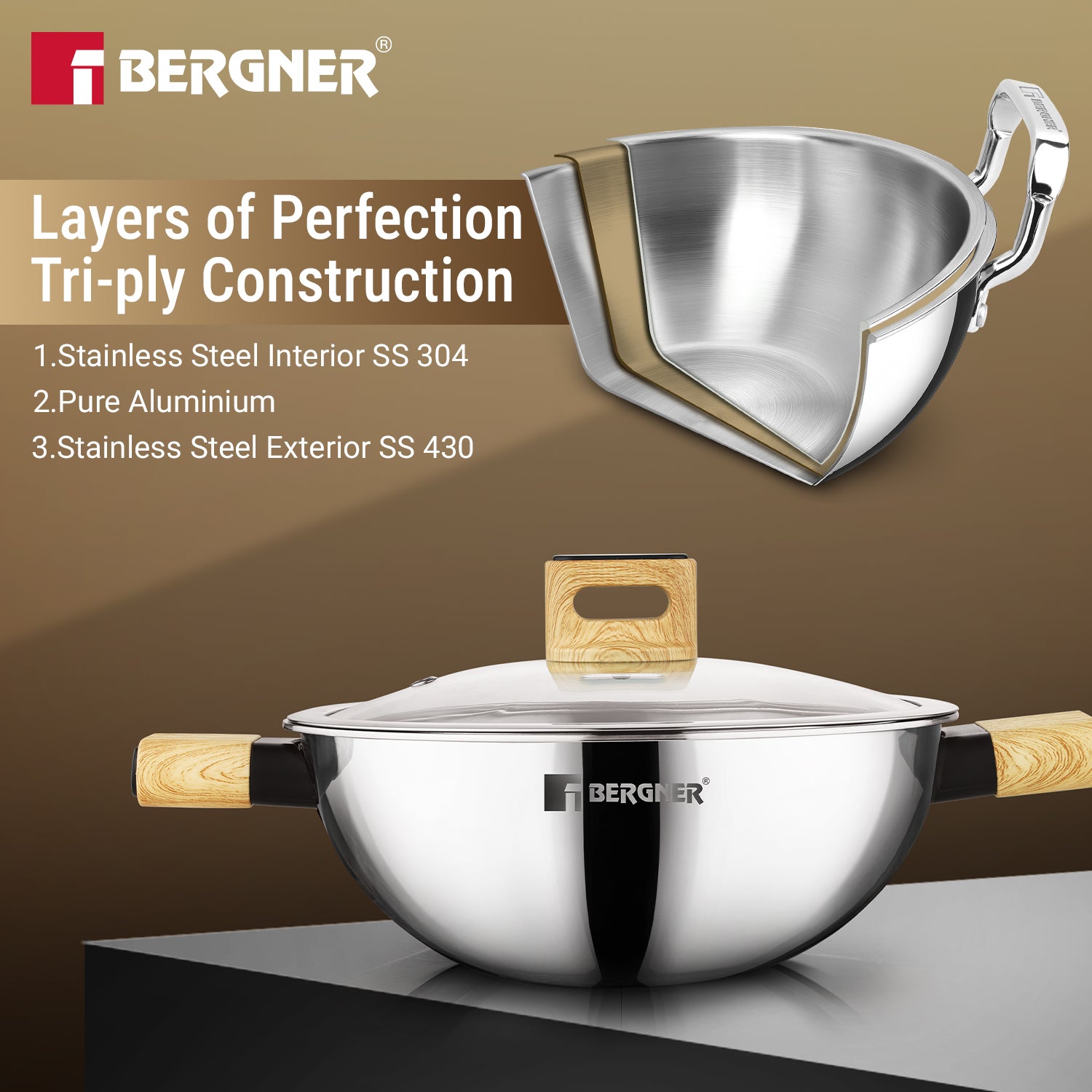 Tri-Oak Triply Stainless Steel Kadai with Glass Lid 22cm (1.7L)
