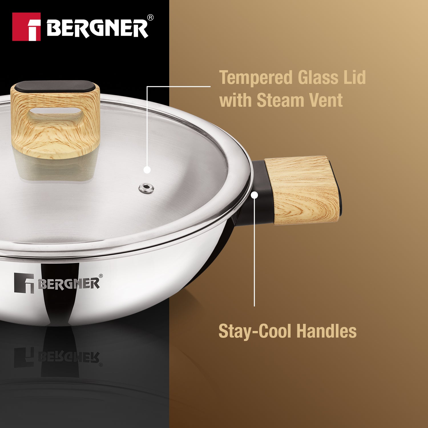 Tri-Oak Triply Stainless Steel Kadai with Glass Lid 22cm (1.7L)