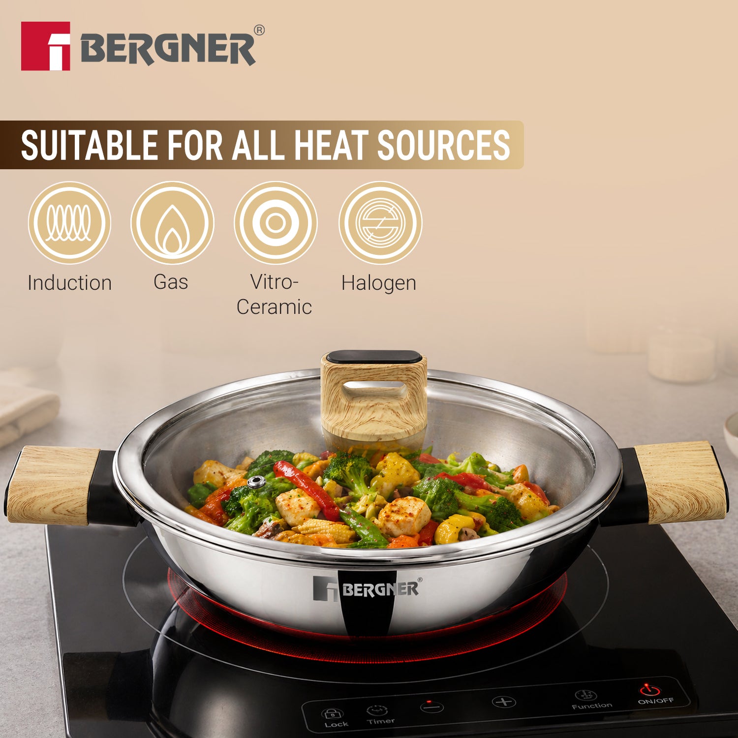 Tri-Oak Triply Stainless Steel Kadai with Glass Lid 24cm (2.1L)