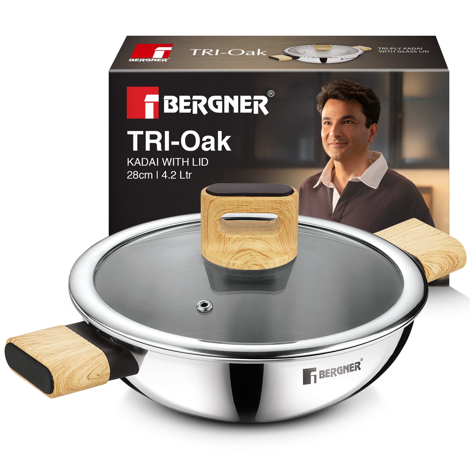 Tri-Oak Triply Stainless Steel Kadai with Glass Lid 28cm (4.2L)