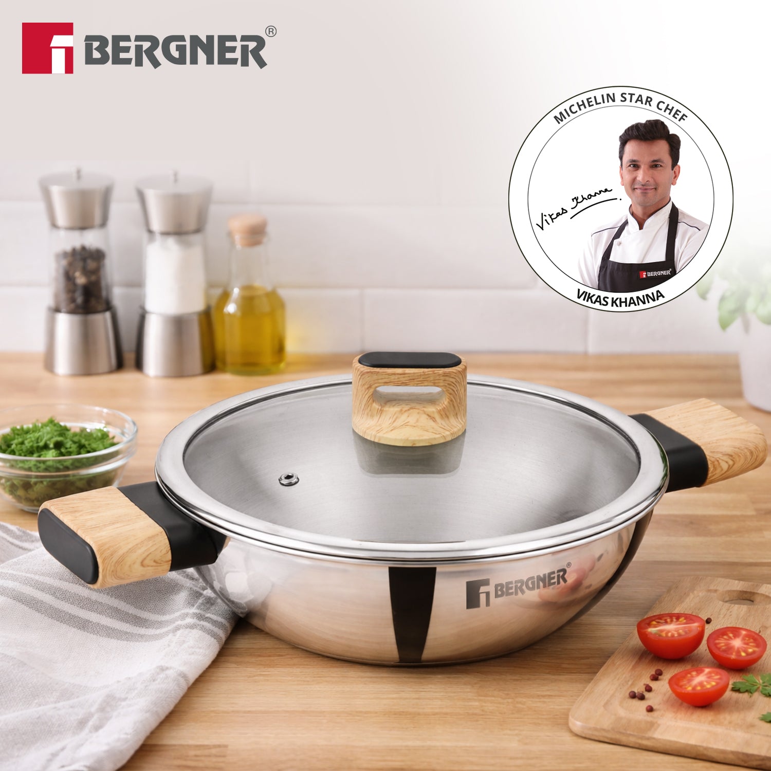 Tri-Oak Triply Stainless Steel Kadai with Glass Lid 28cm (4.2L)