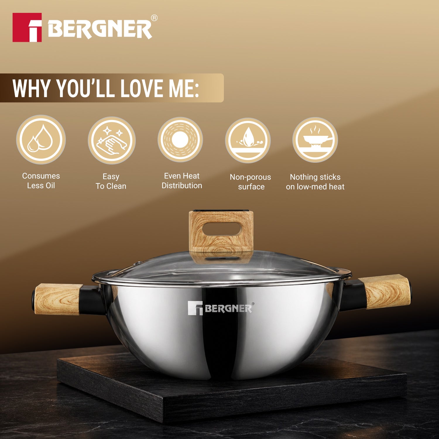Tri-Oak Triply Stainless Steel Kadai with Glass Lid 30cm (5.4L)