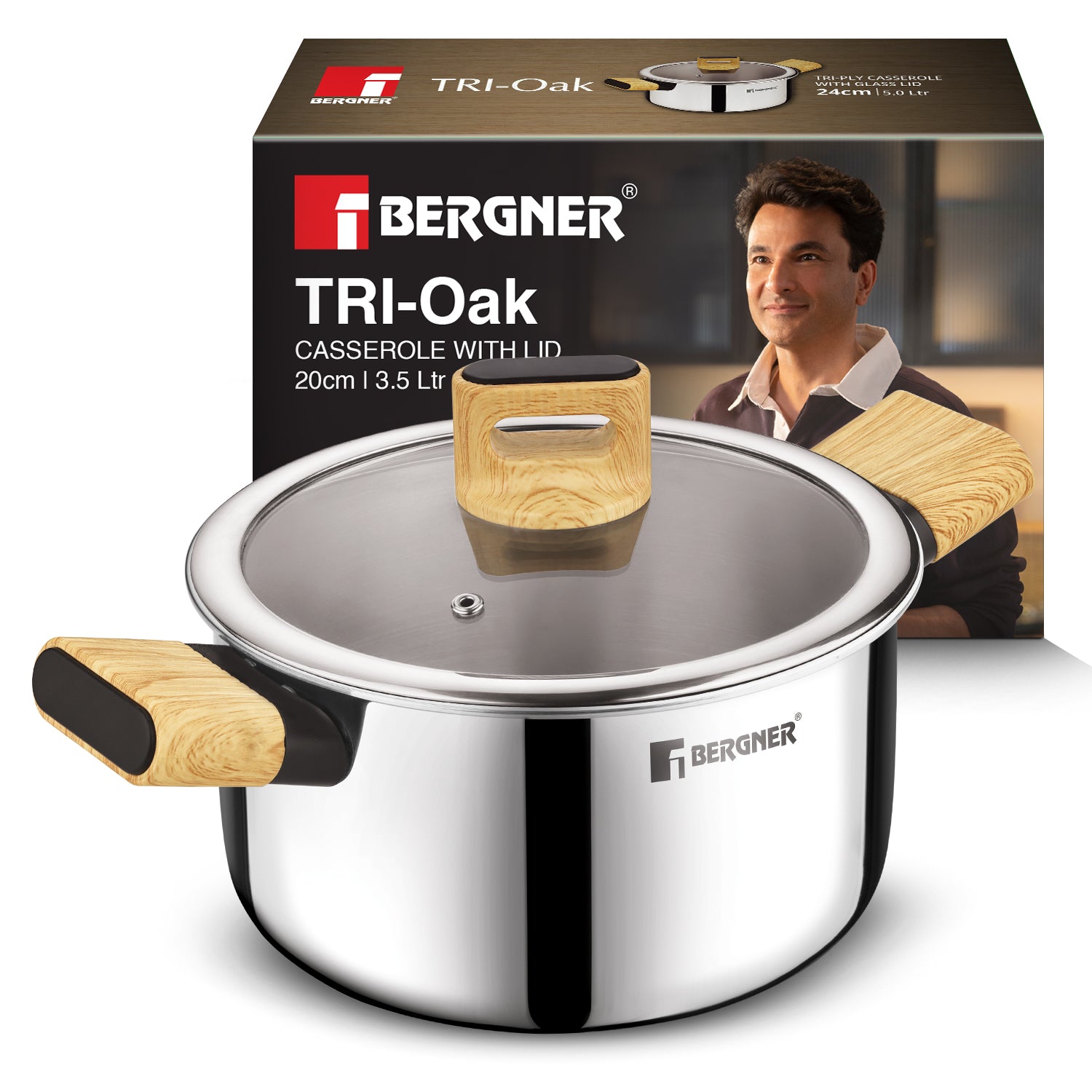 Tri-Oak Triply Stainless Steel Casserole with Glass Lid 20cm (3.5L)