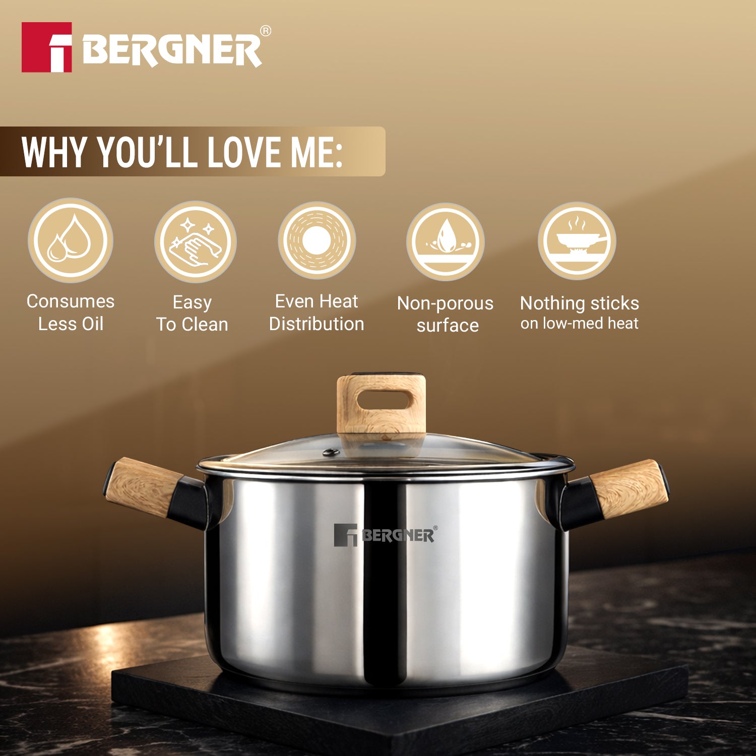 Tri-Oak Triply Stainless Steel Casserole with Glass Lid 24cm (5L)