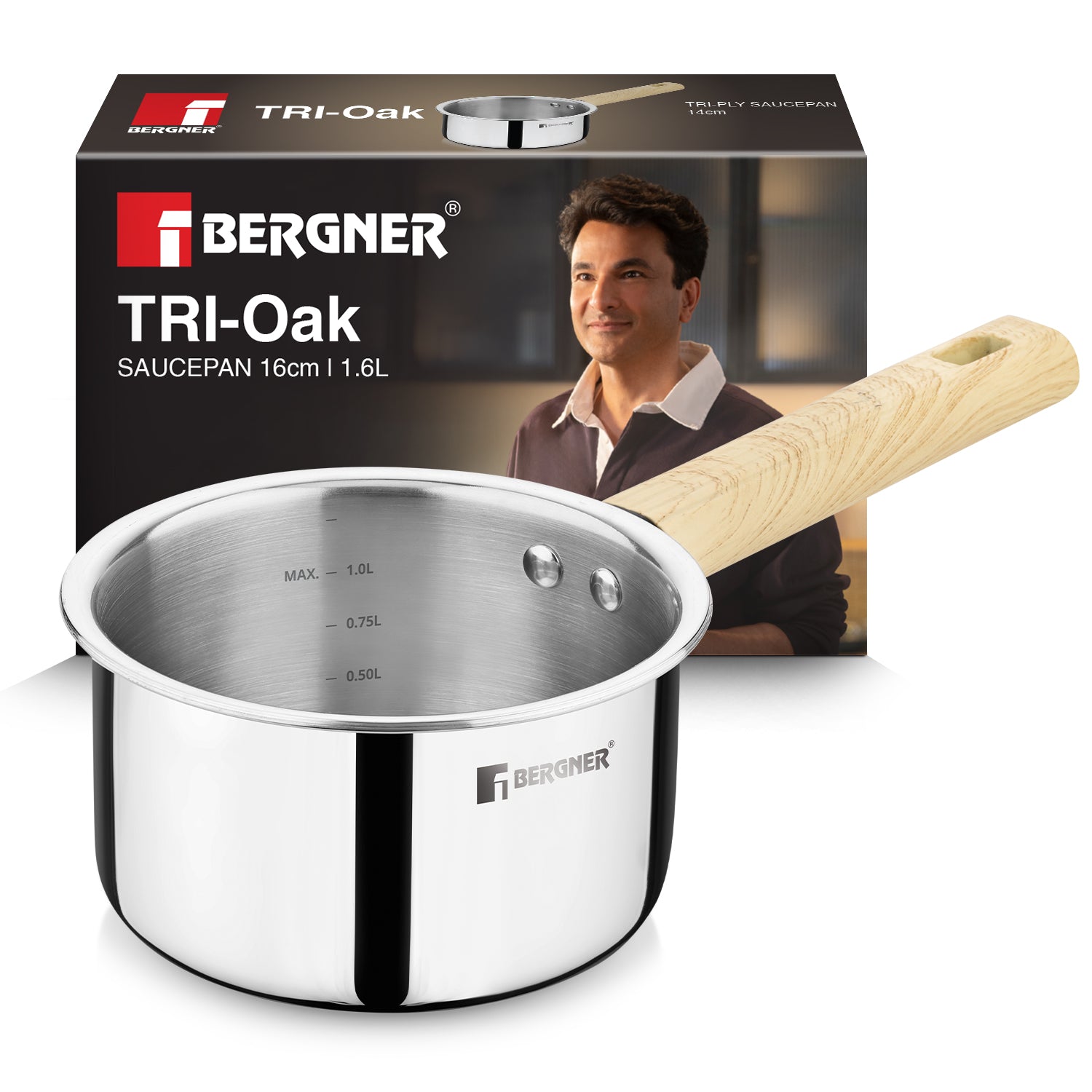 Tri-Oak Triply Stainless Steel Saucepan 16cm (1.6 L), Wooden Handle - Induction