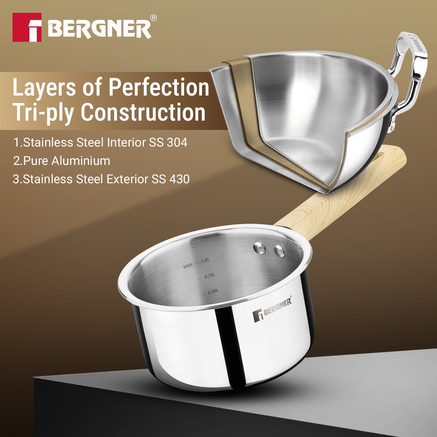 Tri-Oak Triply Stainless Steel Saucepan 16cm (1.6 L), Wooden Handle - Induction