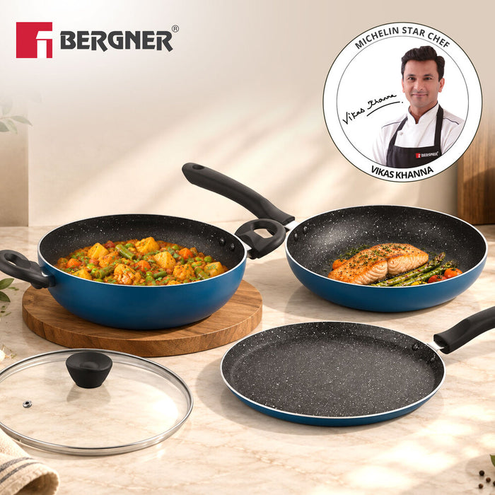 Bergner Aloe 4-Pc Non-Stick Cookware Set | Kadai & Tawa