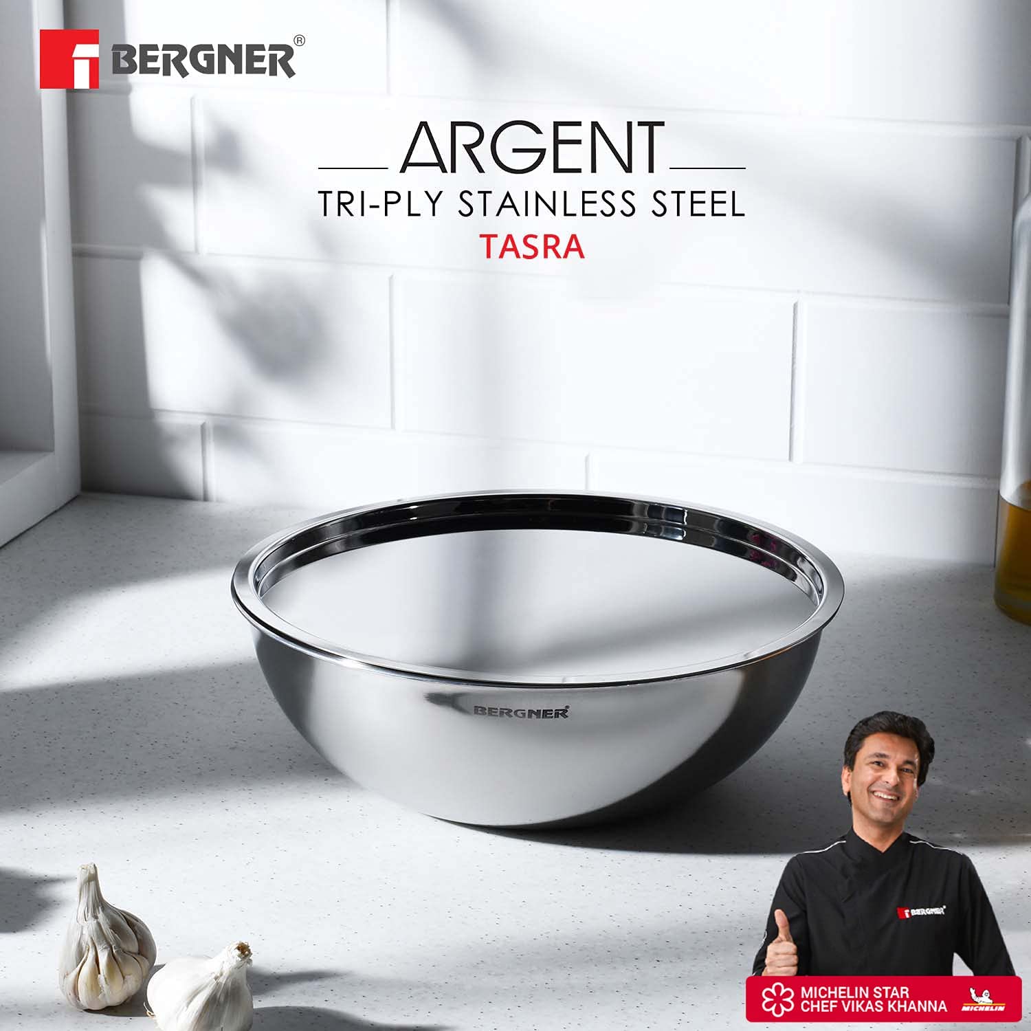 Bergner Argent 16cm (1L) TriPly Stainless Steel Tasra with Stainless Steel Lid - Induction Bottom