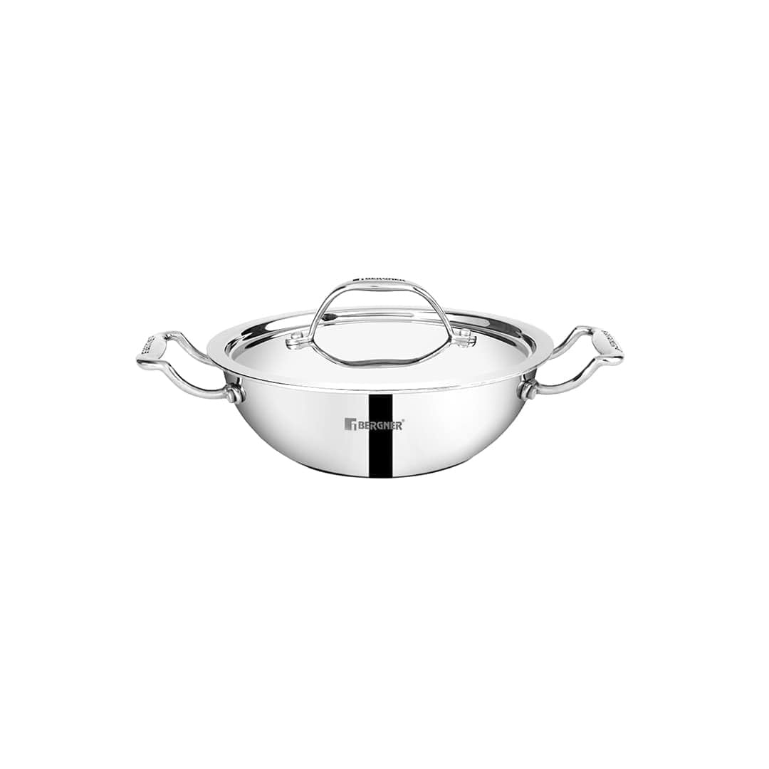 Bergner Argent Junior Chef Tri-Ply Stainless Steel Kadai with Stainless Steel Lid - Induction Bottom (5-Year Warranty)