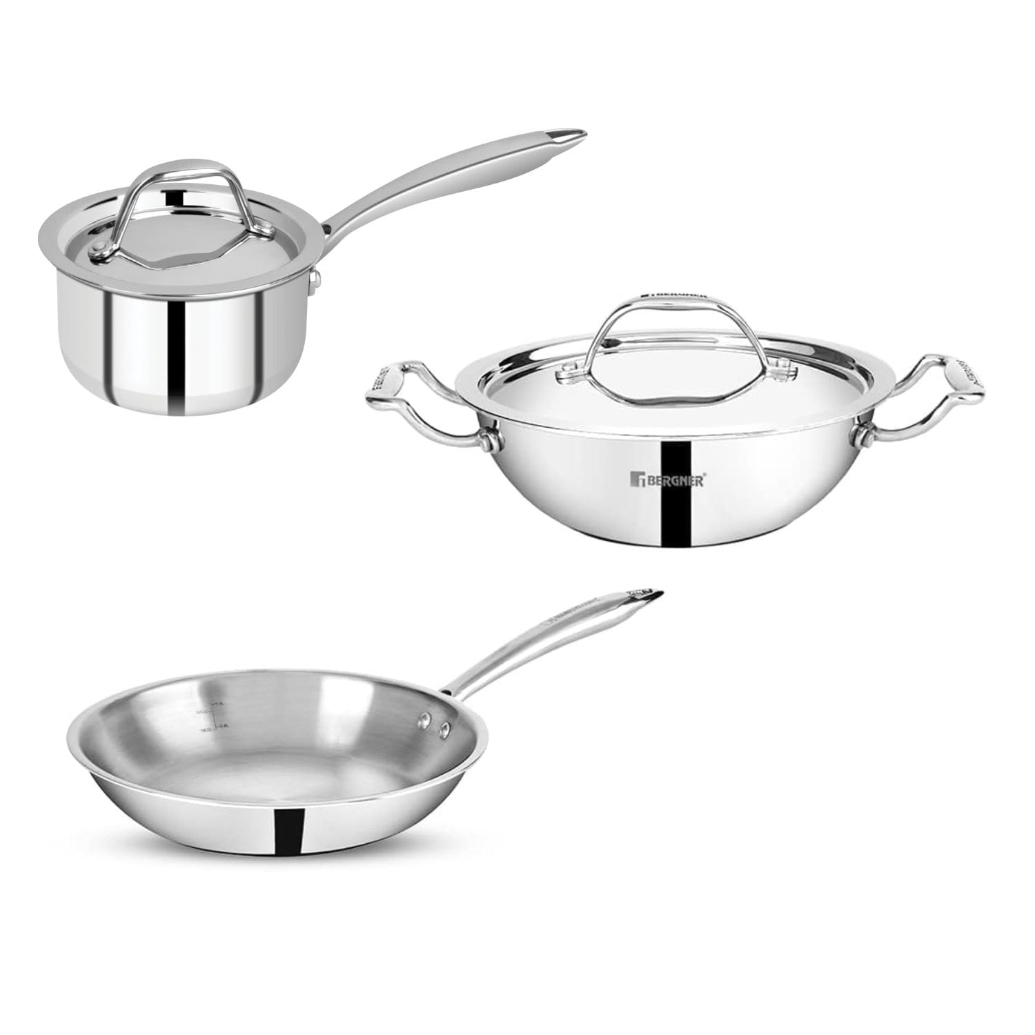 Bergner Argent Junior Chef  5 Pcs TriPly Stainless Steel Set 18cm (1.5L) Kadai with Lid, 18cm Frypan, 12cm (800ml) Saucepan with Lid - Induction Bottom