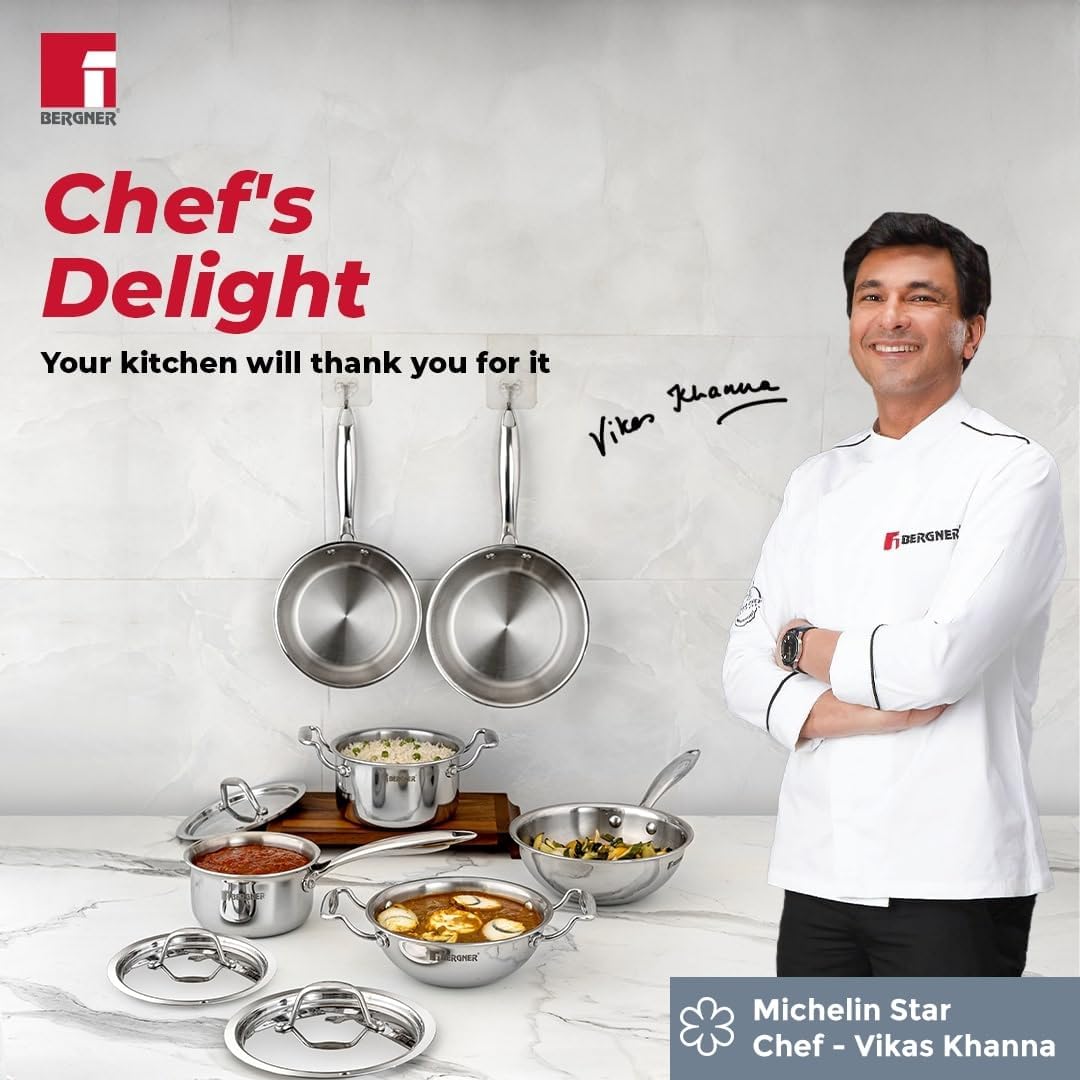 Bergner Argent Junior Chef  5 Pcs TriPly Stainless Steel Set 18cm (1.5L) Kadai with Lid, 18cm Frypan, 12cm (800ml) Saucepan with Lid - Induction Bottom