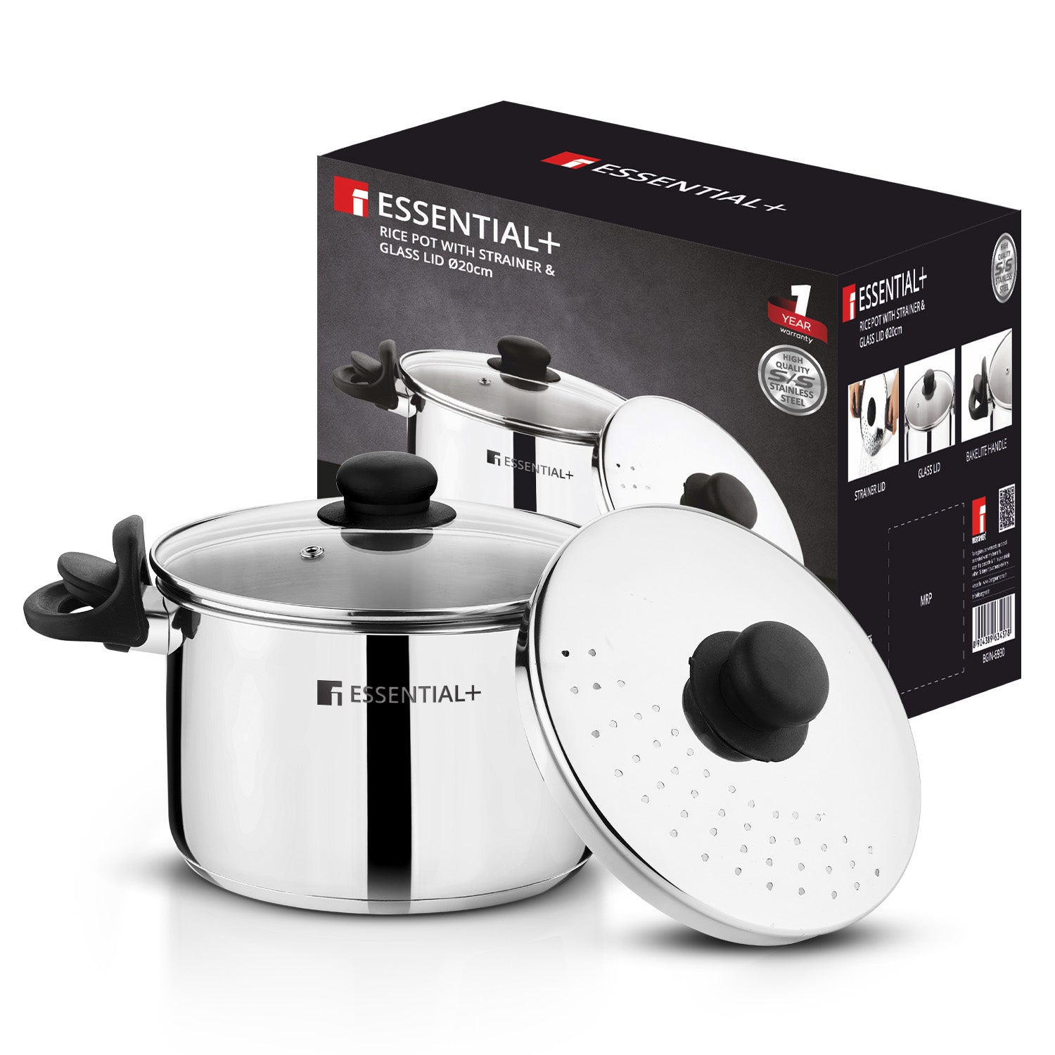 Essential Plus Stainless Steel Rice Strainer Pot 20cm (4L) with Glass Lid