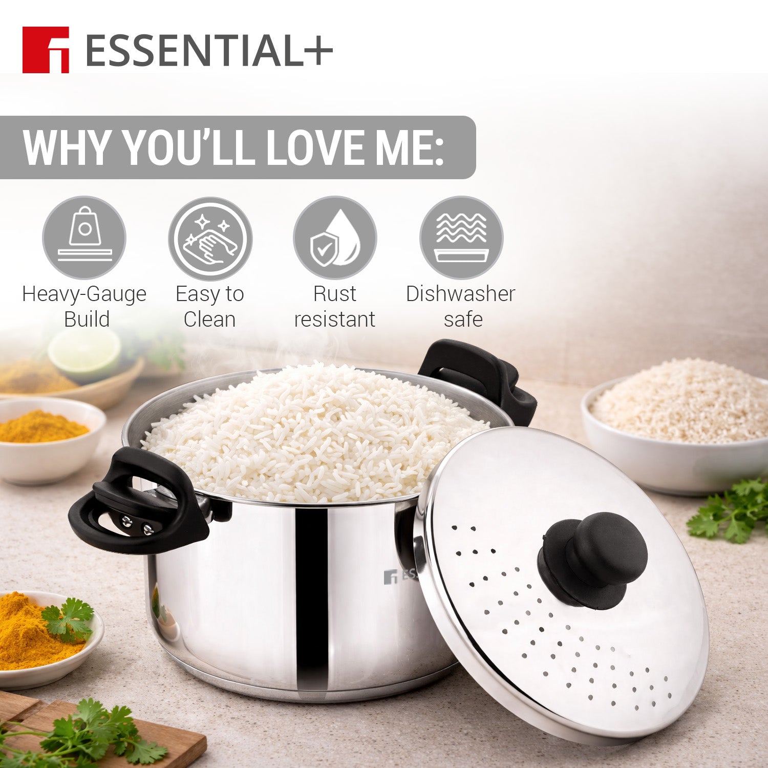 Essential Plus Stainless Steel Rice Strainer Pot 20cm (4L) with Glass Lid