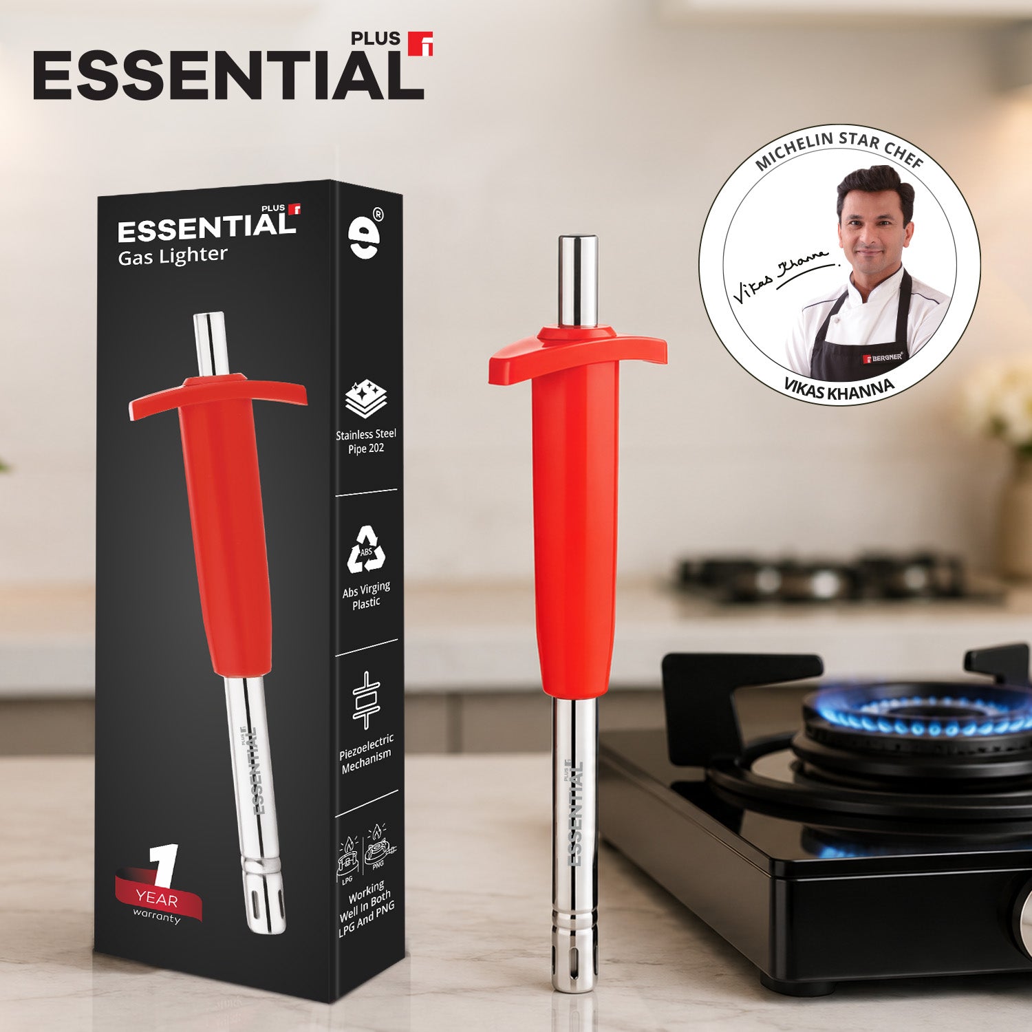 Essential Plus Gas Lighter 20.5cm with Stainless Steel Pipe