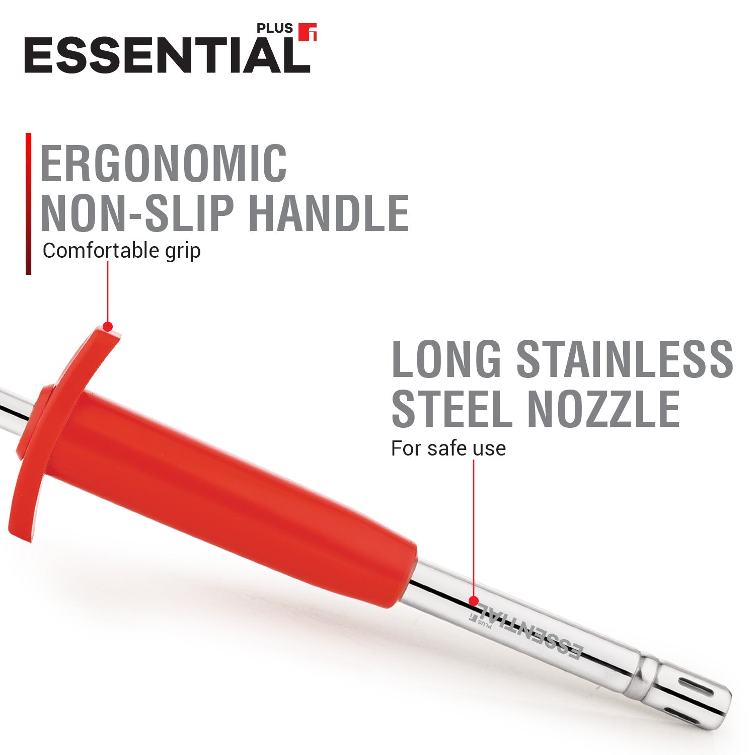 Bergner Essential Plus 20.5cm gas lighter featuring an ergonomic non-slip handle for comfortable grip and a long stainless steel nozzle for safe use