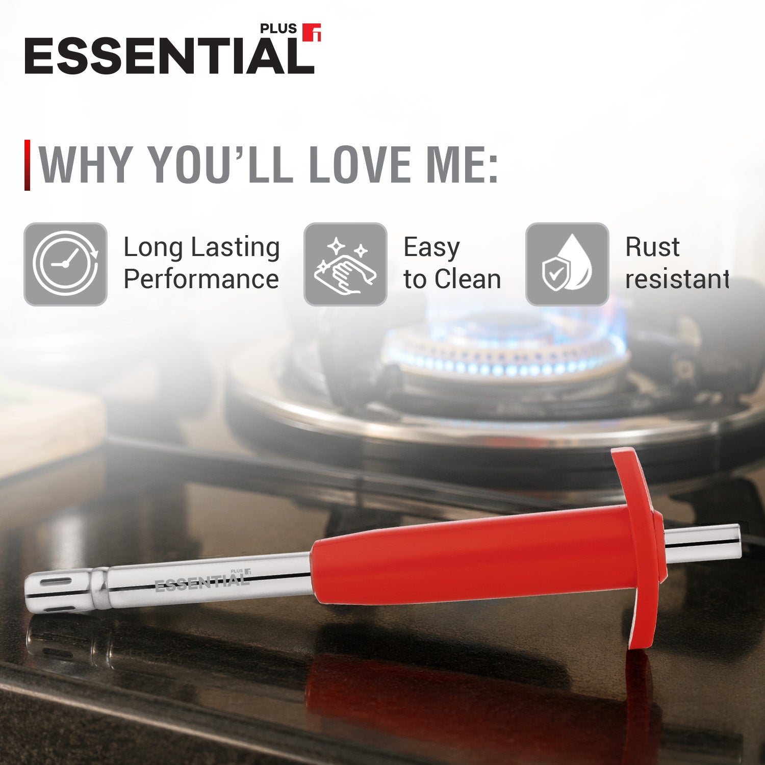 Bergner Essential Plus 20.5cm gas lighter with stainless steel pipe on a kitchen counter highlighting benefits: long lasting performance, easy to clean, and rust resistant