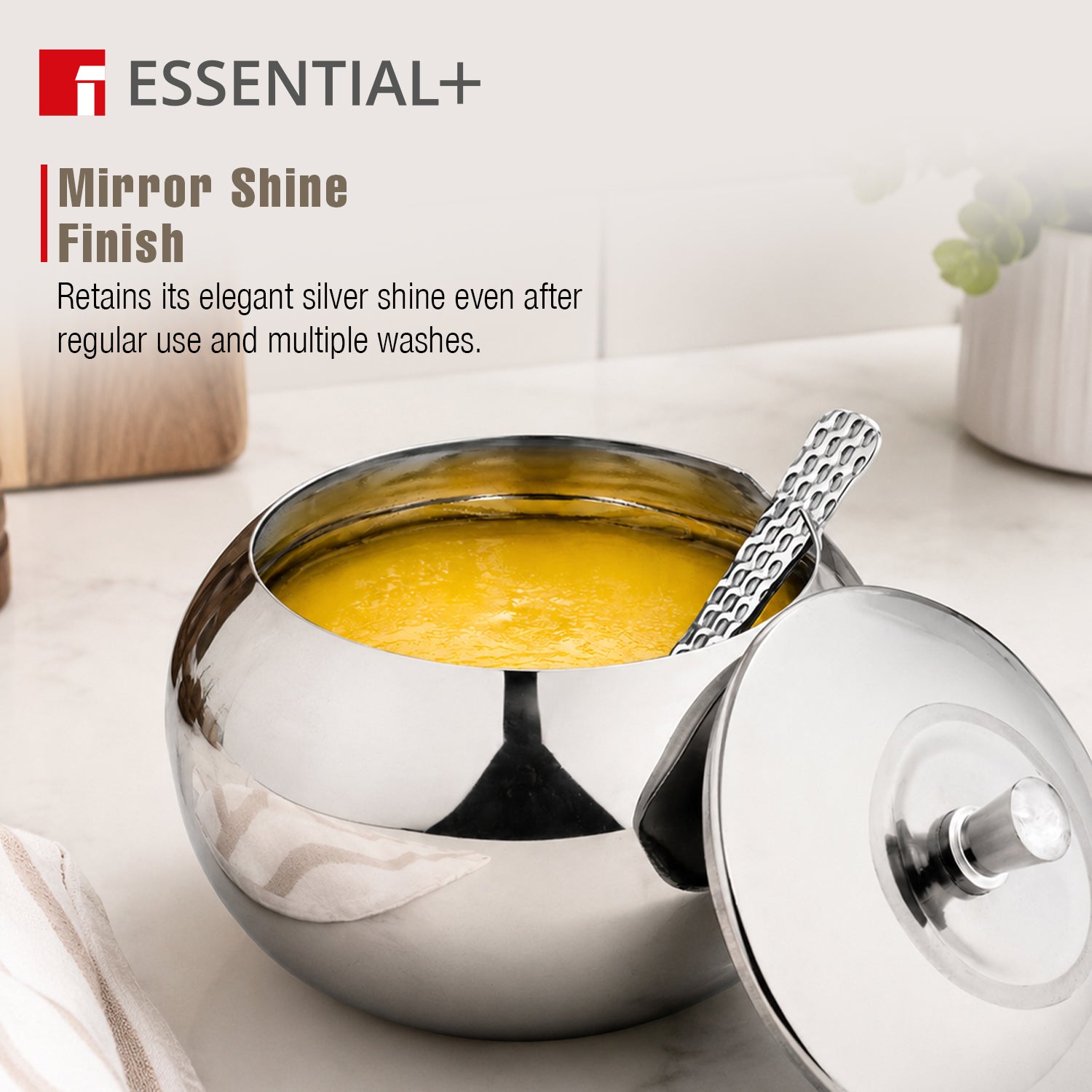 Essential Plus Stainless Steel 9cm Ghee Pot with Lid and Spoon