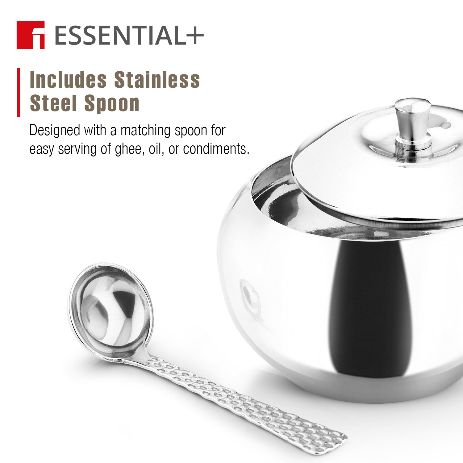 Essential Plus Stainless Steel 9cm Ghee Pot with Lid and Spoon