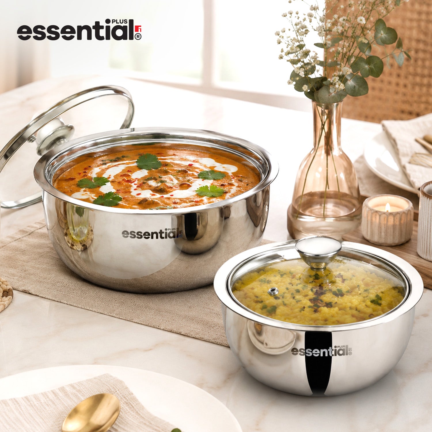 Essential Plus Stainless Steel 2 Pcs Serving Bowl Set with Lid