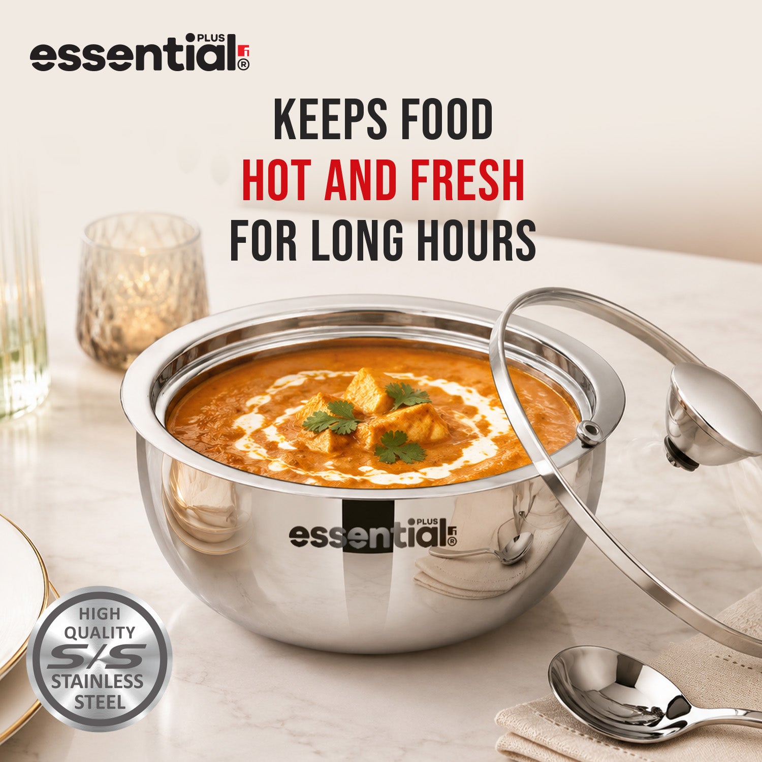 Essential Plus Stainless Steel 2 Pcs Serving Bowl Set with Lid