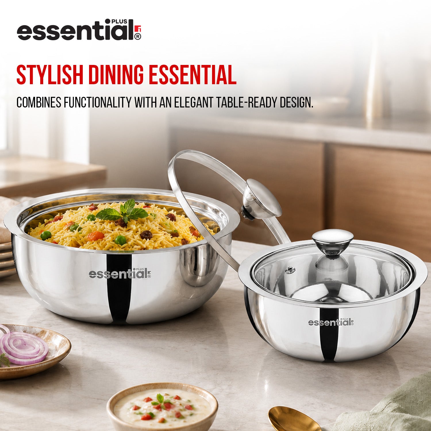 Essential Plus Stainless Steel 2 Pcs Serving Bowl Set with Lid