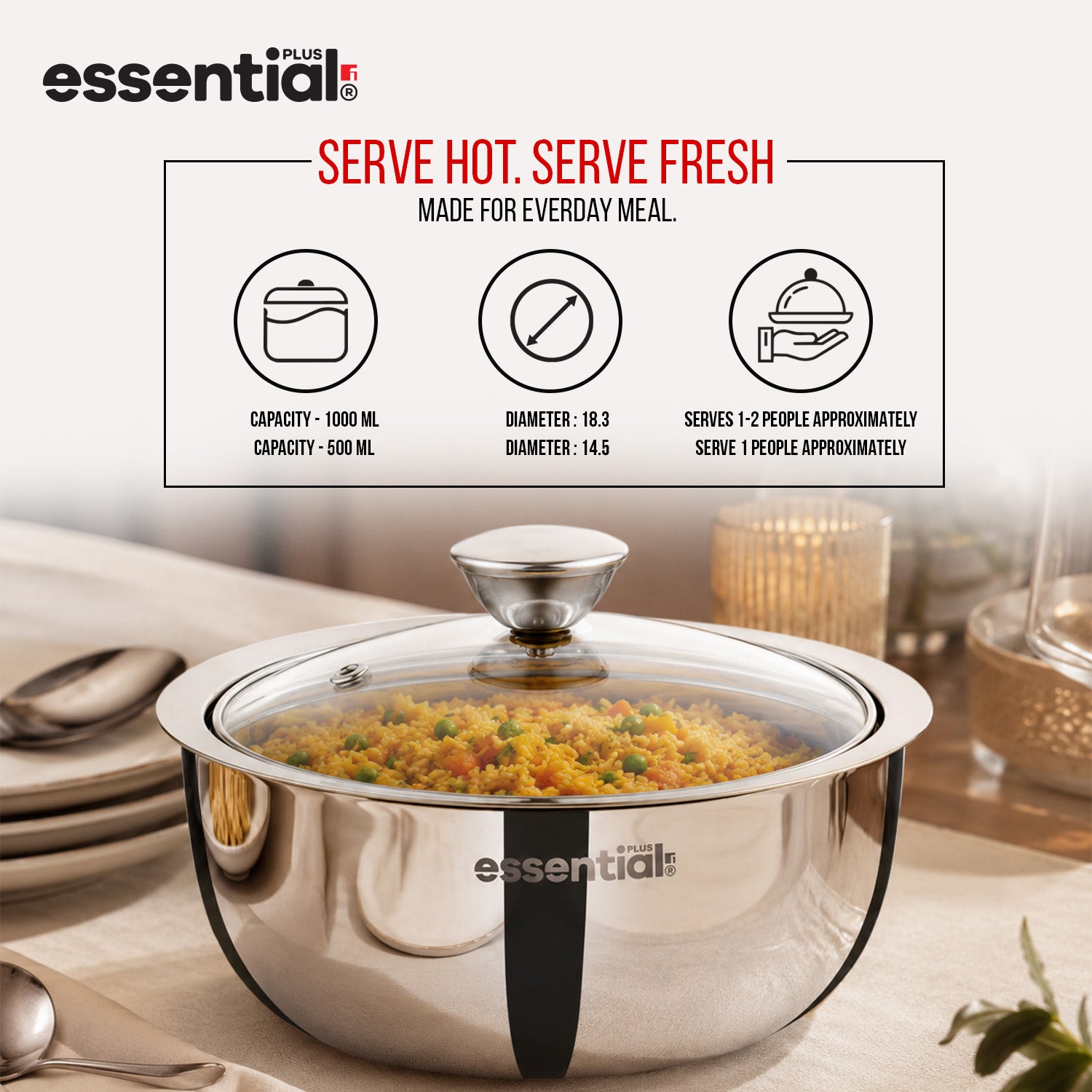 Essential Plus Stainless Steel 2 Pcs Serving Bowl Set with Lid