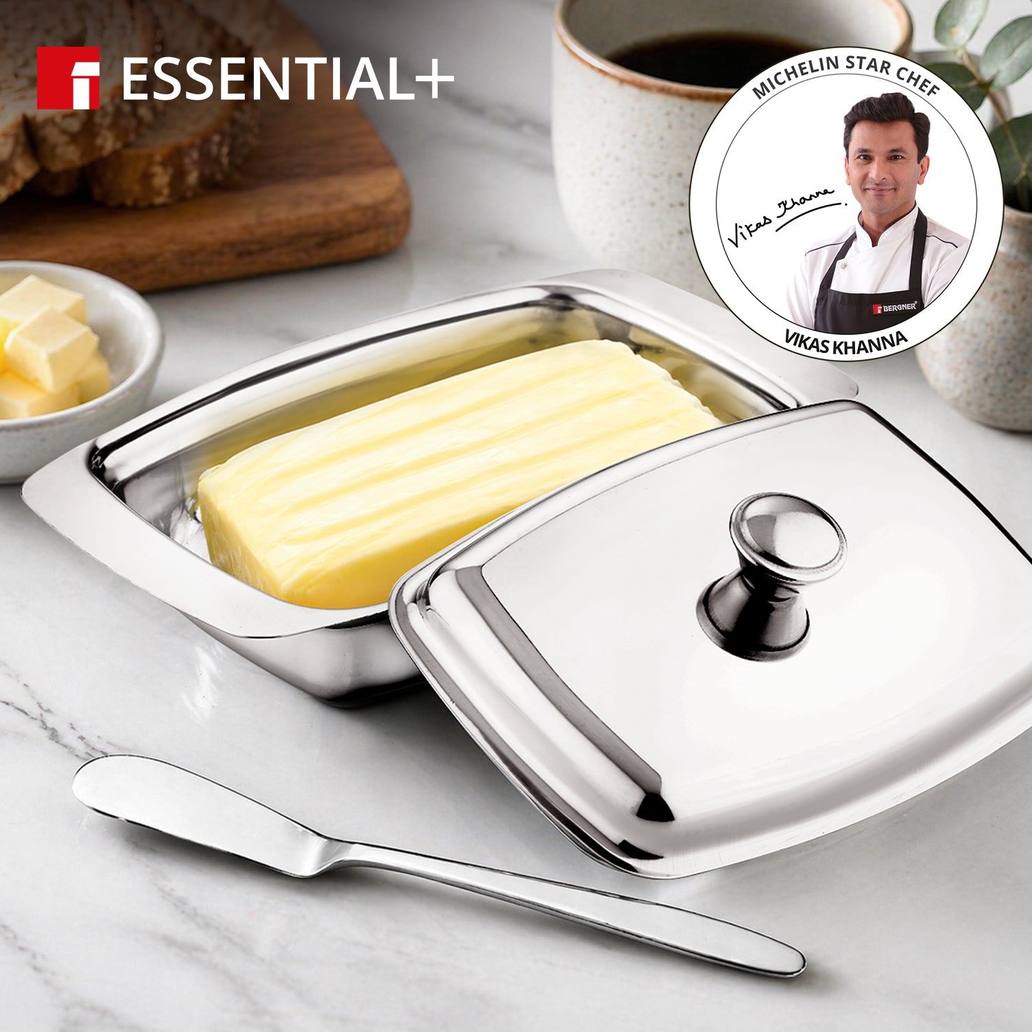 Essential Plus Stainless Steel Butter Dish with Lid and Additional Butter Knife