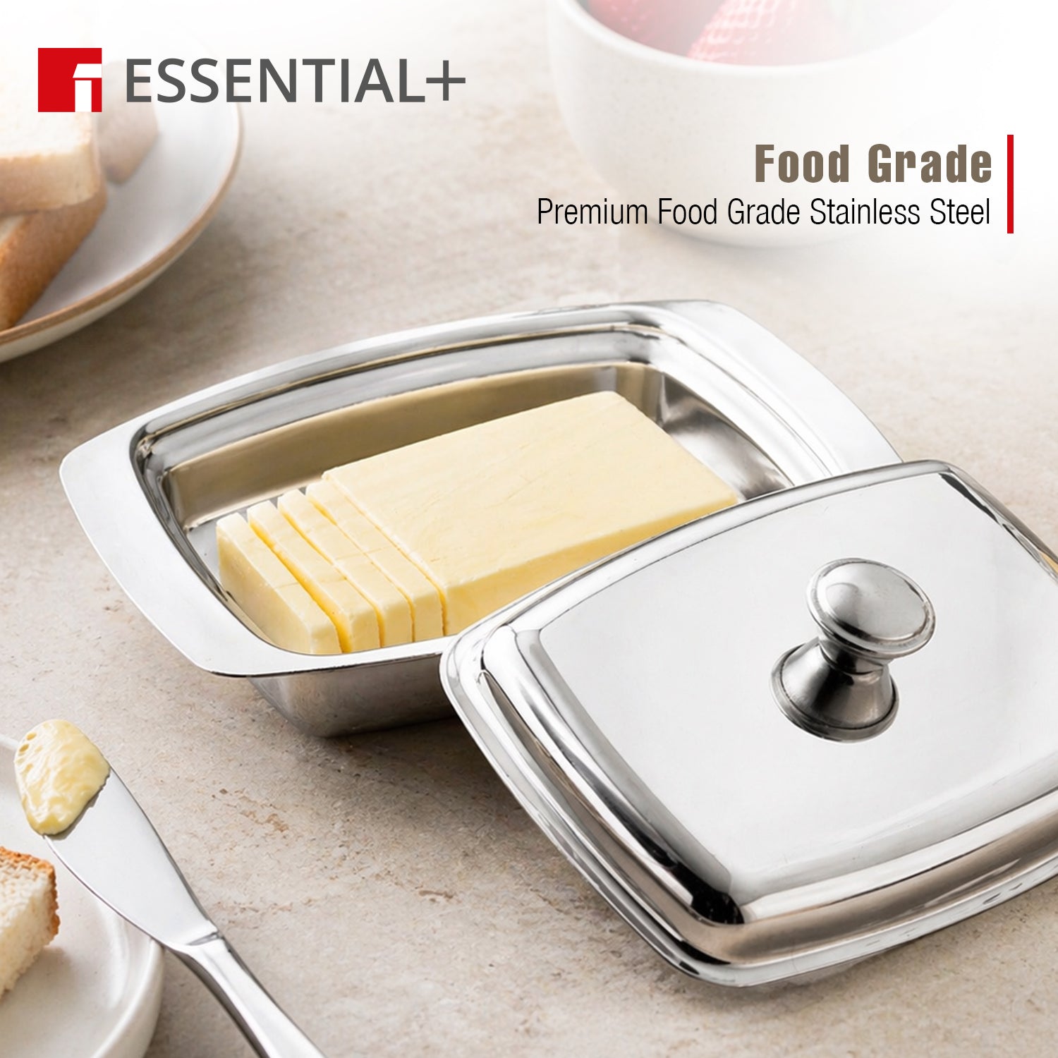 Essential Plus Stainless Steel Butter Dish with Lid and Additional Butter Knife