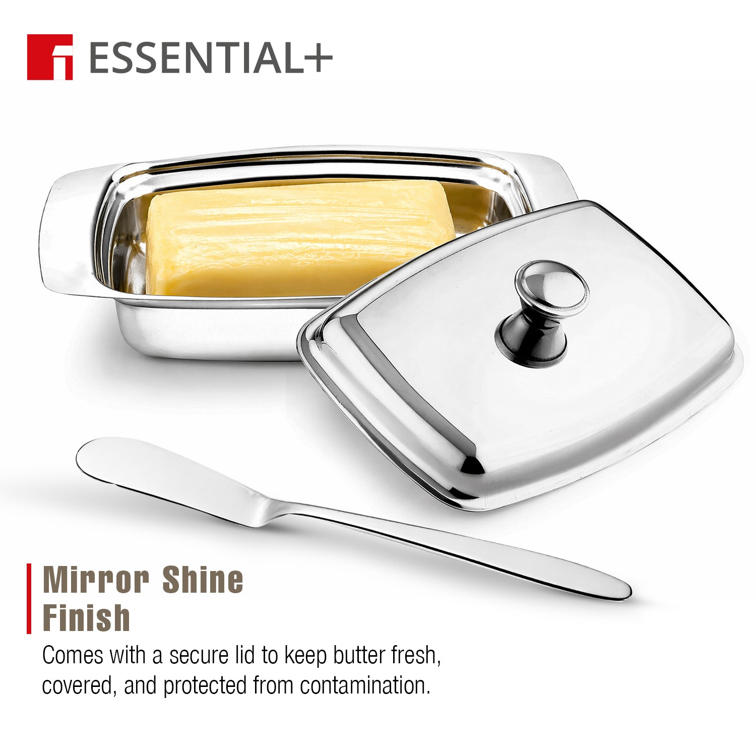 Essential Plus Stainless Steel Butter Dish with Lid and Additional Butter Knife