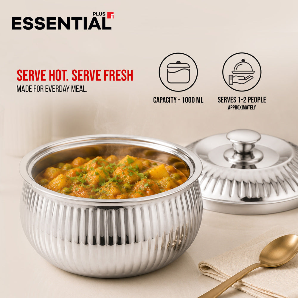Essential Plus Stainless Steel Stripe Double Wall Insulated Hot Pot (Casserole) 1000ml