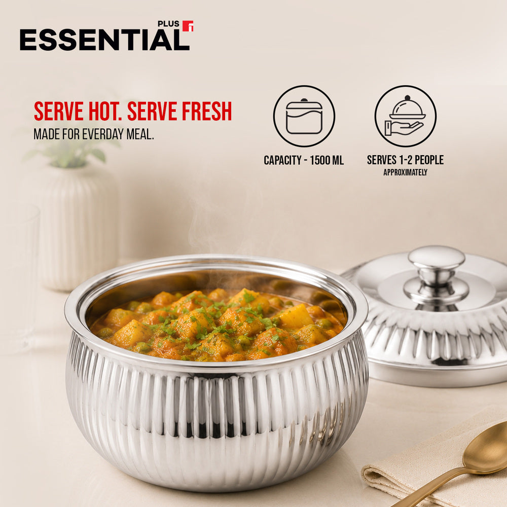 Essential Plus 1500ml stainless steel stripe hot pot filled with vegetable curry, with the lid placed beside it, highlighting its 1500ml capacity and serving size of 1–2 people.