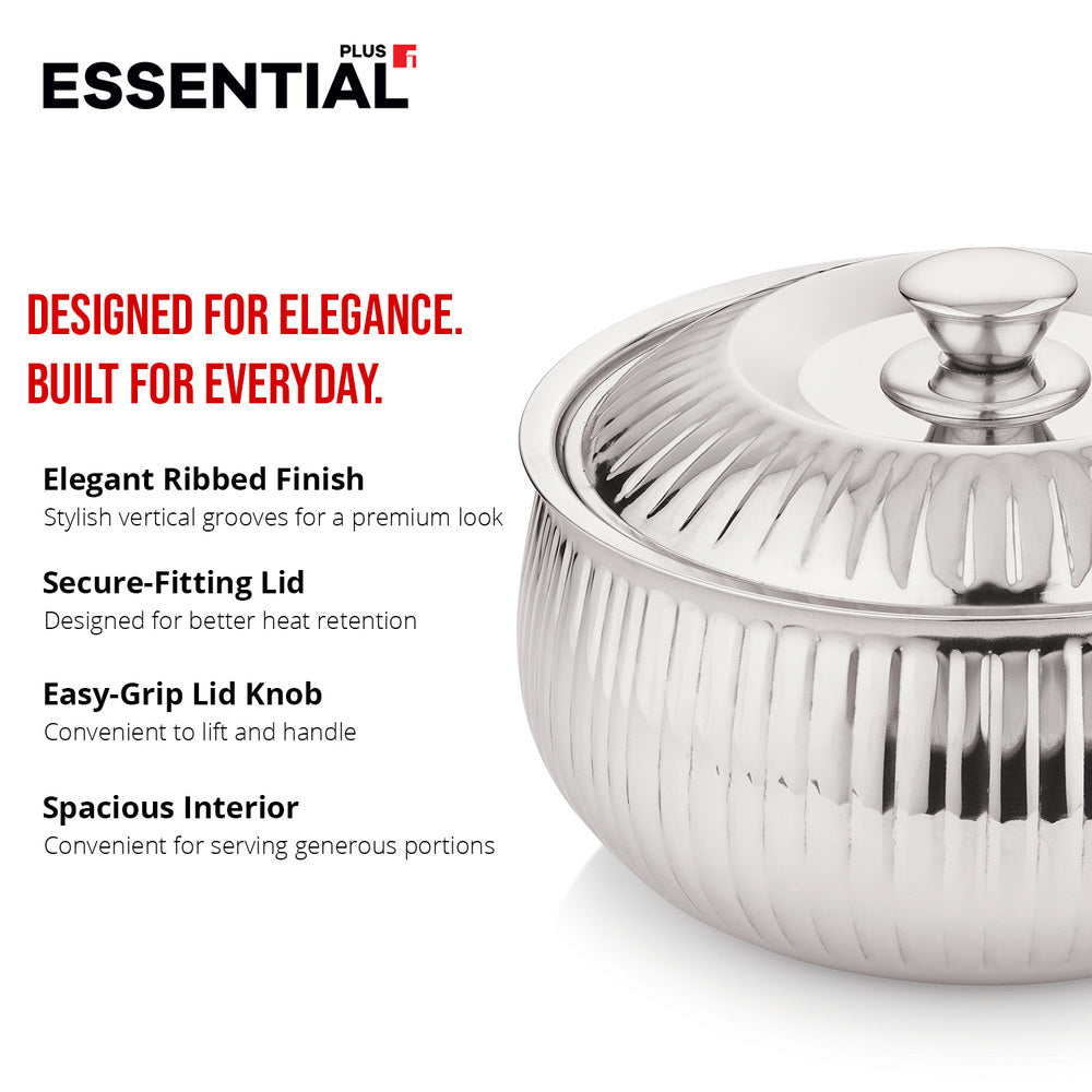 Essential Plus 1500ml stainless steel stripe hot pot with ribbed finish and fitted lid, showcasing its elegant design, secure-fitting lid, easy-grip knob, and spacious interior.