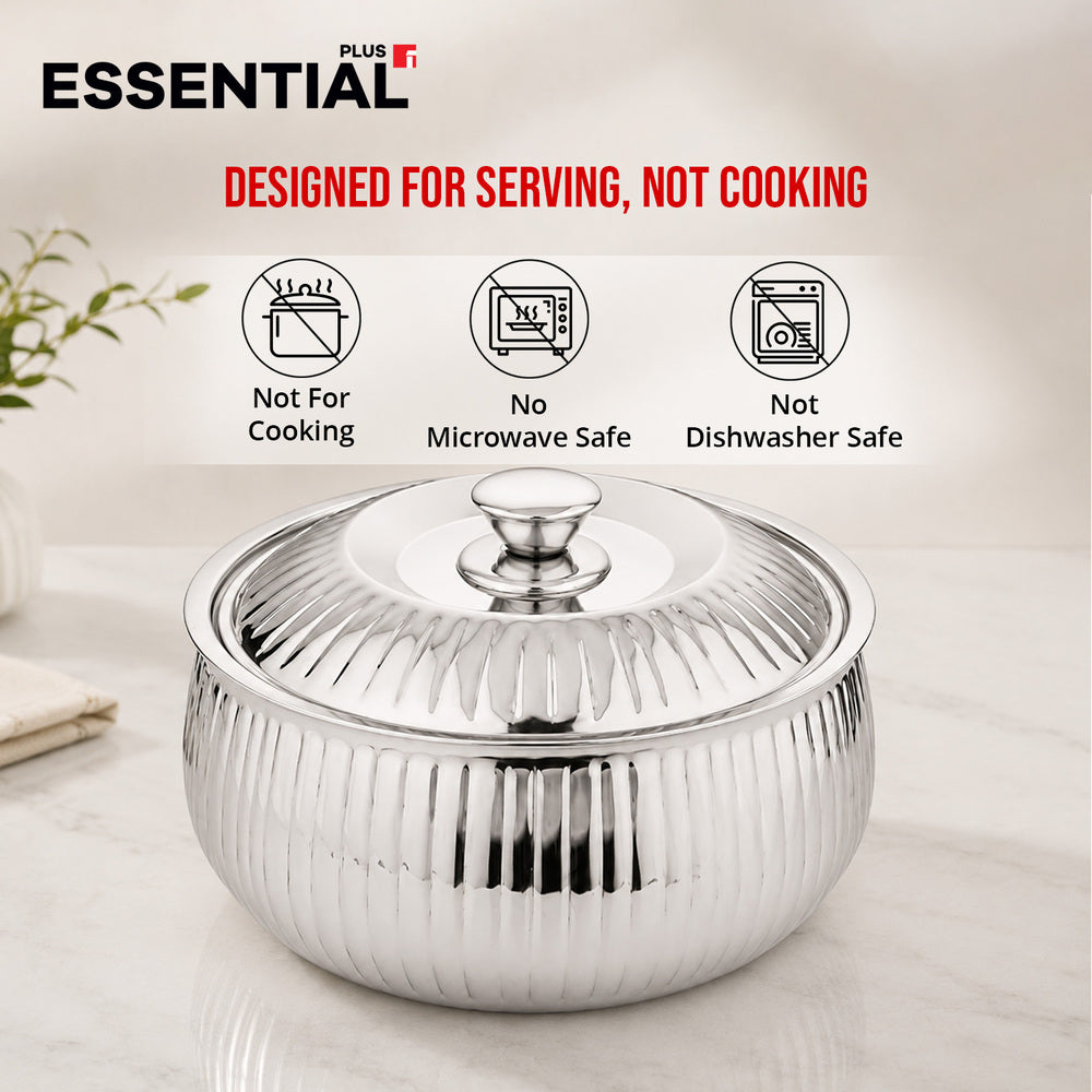 Essential Plus stainless steel stripe hot pot with a ribbed body and matching lid, highlighting that it is designed for serving and is not suitable for cooking, microwave use, or dishwasher use.