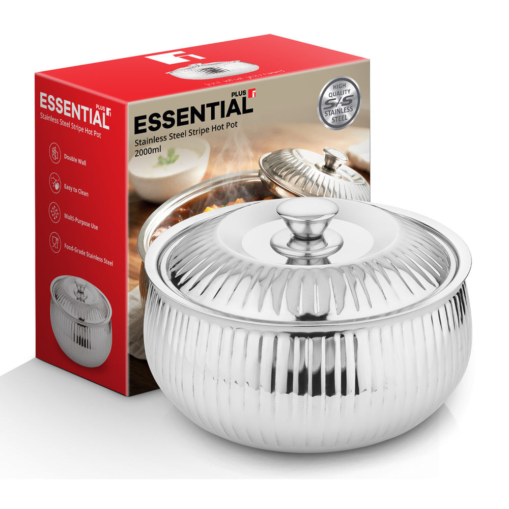 Essential Plus stainless steel stripe hot pot, 2000ml, with a ribbed design and matching stainless steel lid, shown alongside its red and white product packaging. The hot pot features a polished finish and a knob-style lid handle.