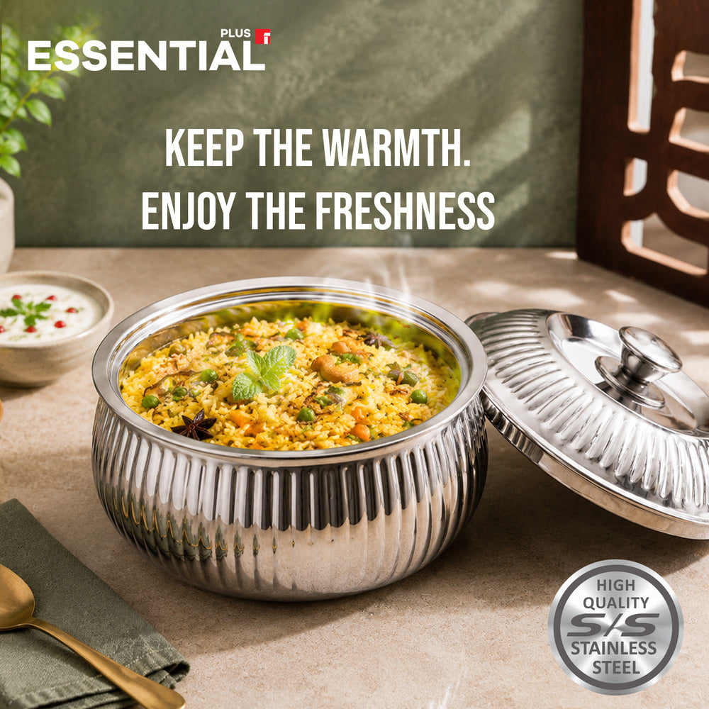 Essential Plus stainless steel stripe hot pot filled with biryani, shown with its ribbed stainless steel lid beside it, highlighting heat and freshness retention and high-quality stainless steel construction.