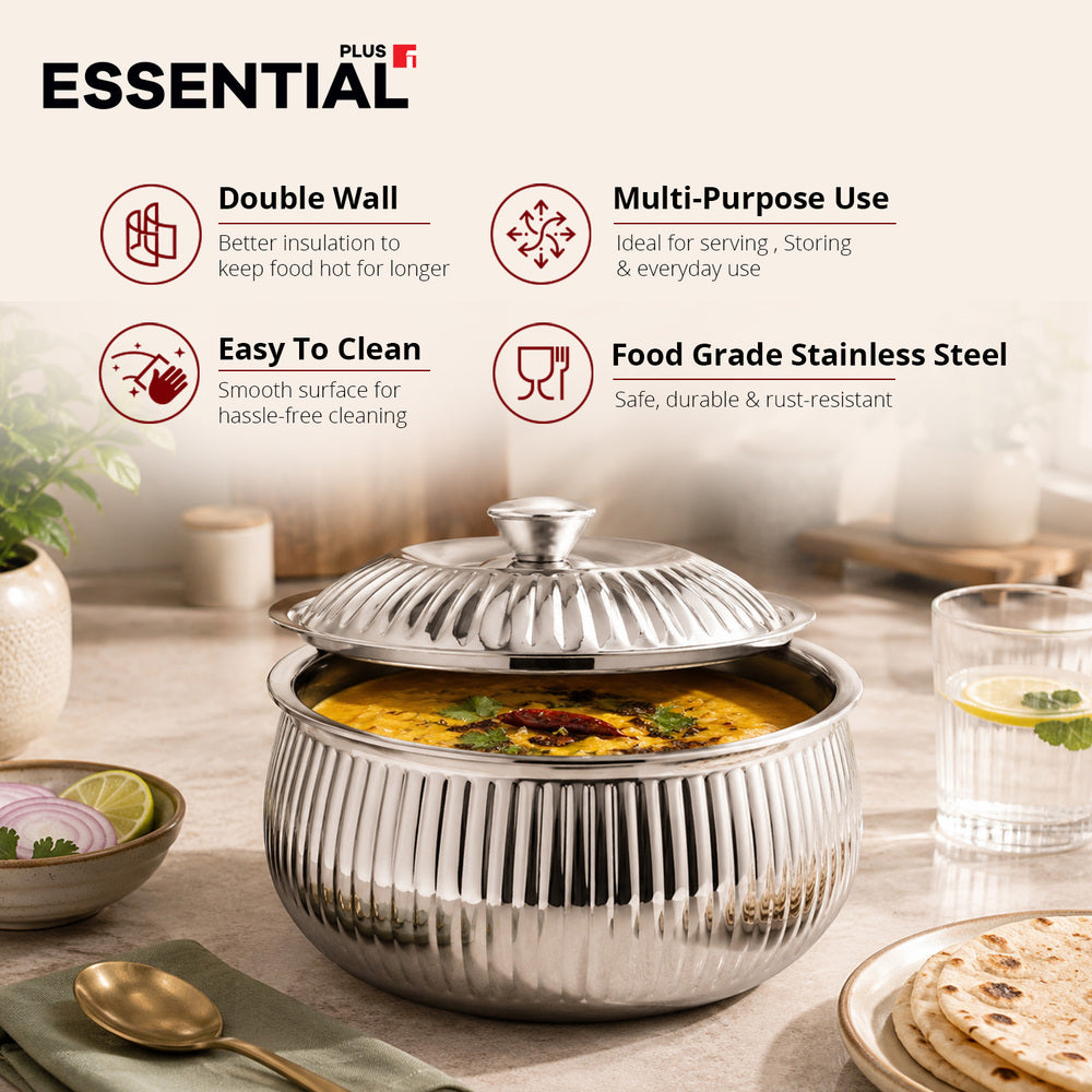 Essential Plus stainless steel stripe hot pot filled with rice and vegetables, shown with its lid beside it, highlighting double-wall insulation, easy cleaning, multipurpose use, and food-grade stainless steel.