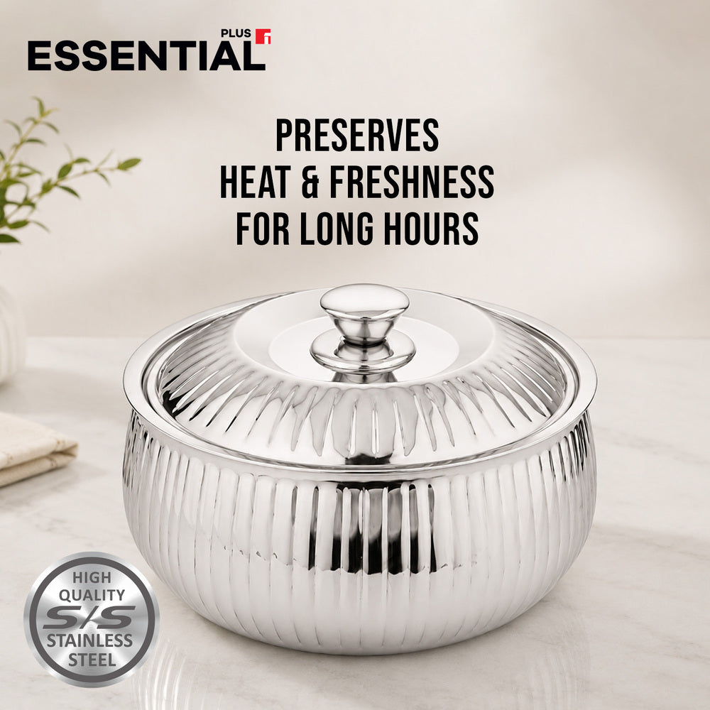 Essential Plus stainless steel stripe hot pot with a fitted ribbed lid, highlighting its ability to preserve heat and freshness for long hours and its high-quality stainless steel construction.
