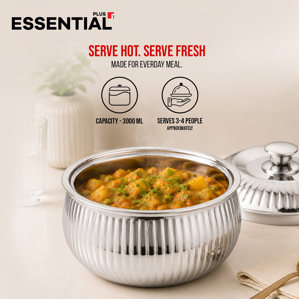 Essential Plus 3000ml stainless steel stripe hot pot filled with vegetable curry, shown with its matching ribbed lid in the background, highlighting its 3-litre capacity and suitability for serving 3–4 people.