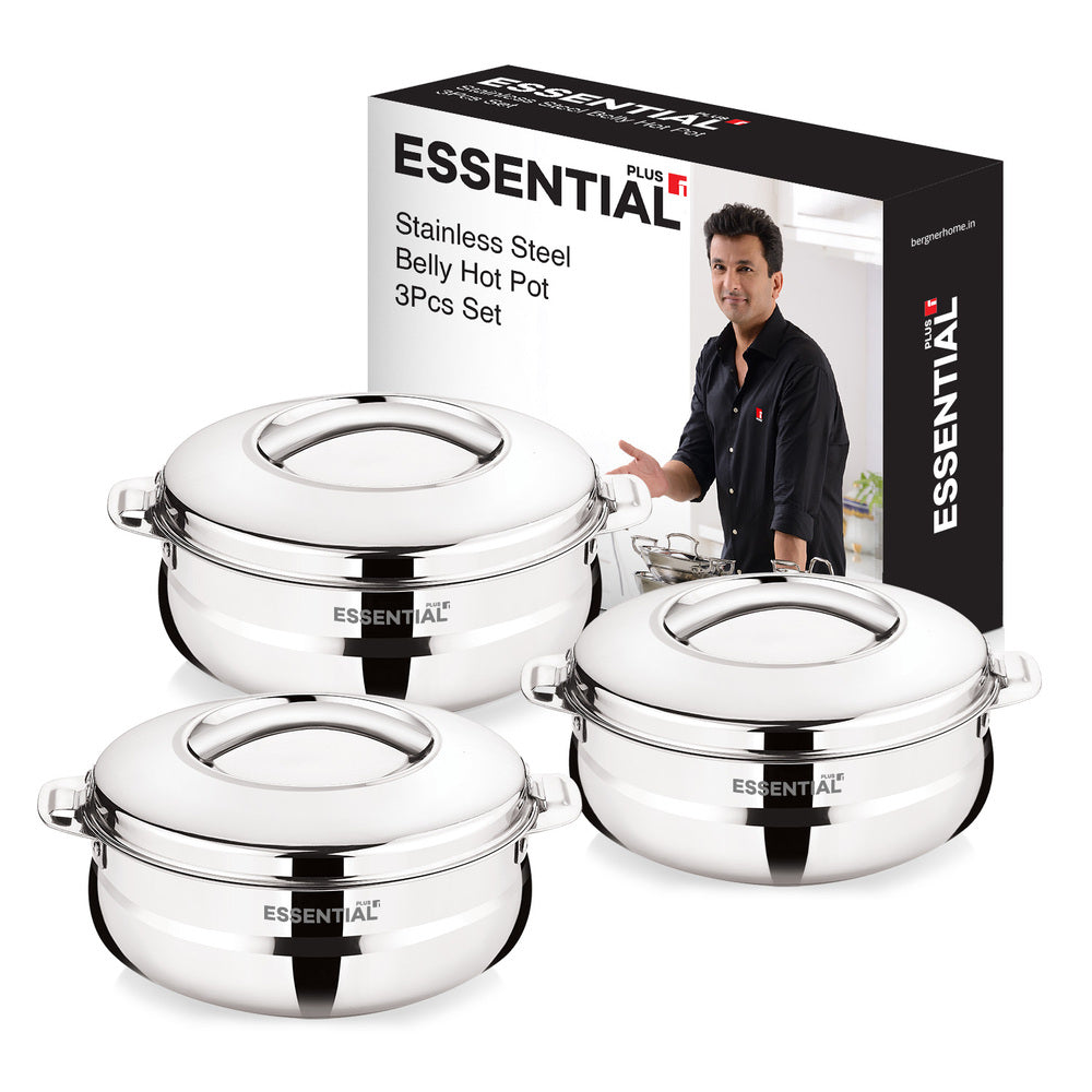 Essential Plus Stainless Steel Belly Hot Pot Set 3 Pcs (1000ml + 1500ml + 2000ml)