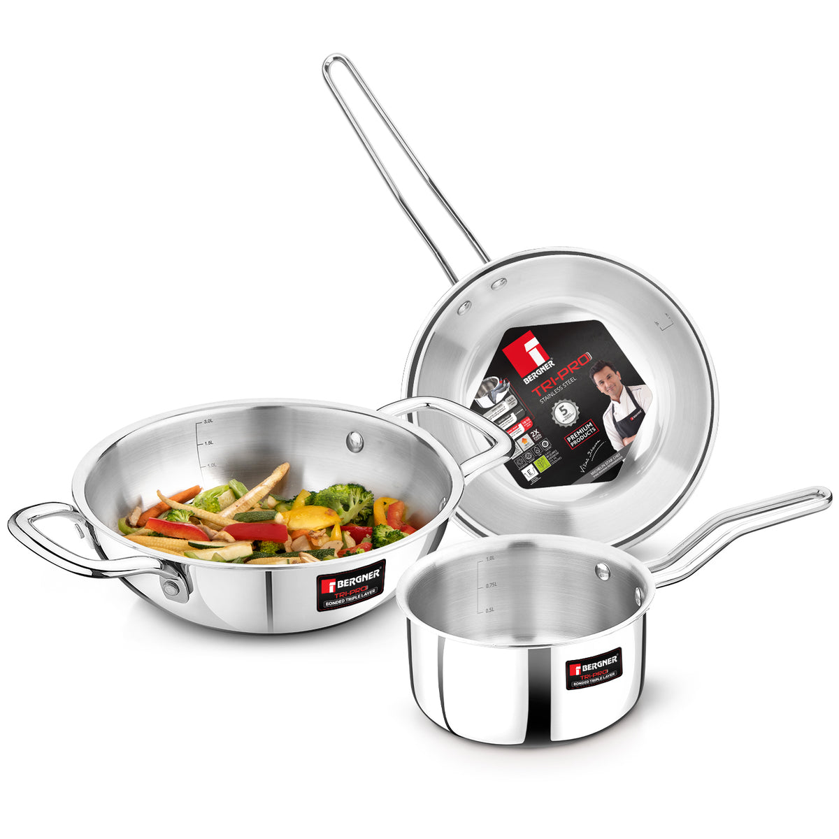 TriPro Tri-Ply Stainless Steel 3 Pcs Cookware Set - Induction Bottom
