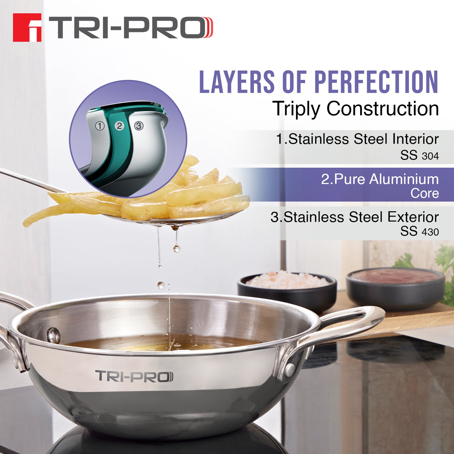 TriPro Tri-Ply Stainless Steel 3 Pcs Cookware Set - Induction Bottom