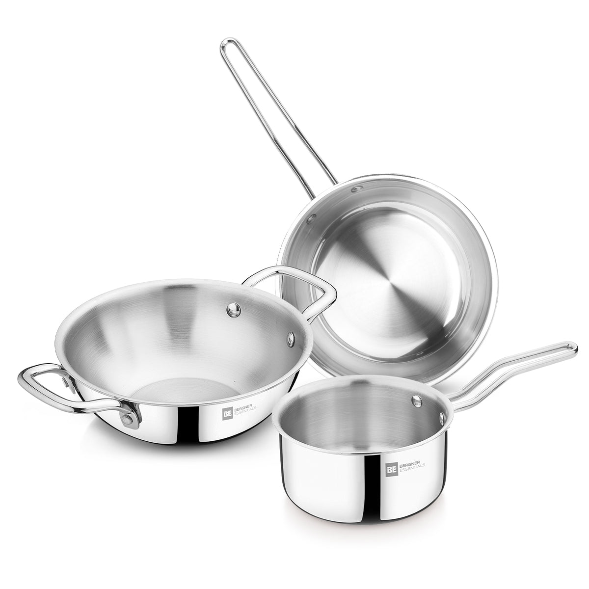 Bergner BE Essentials Tripro TriPly Stainless Steel 3 Pcs Cookware Set of Kadai 24cm (3 L), Teapan 15cm, Frypan 22cm - Induction Bottom