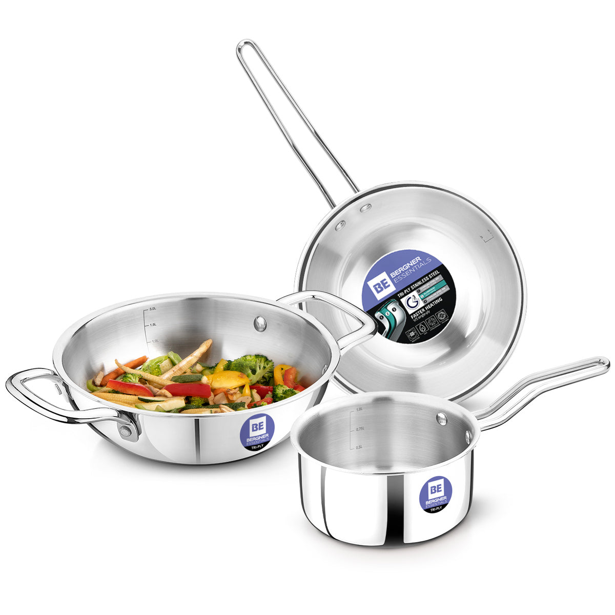 BE Essentials TriPro Tri-Ply Stainless Steel 3 Pcs Cookware Set - Induction Bottom